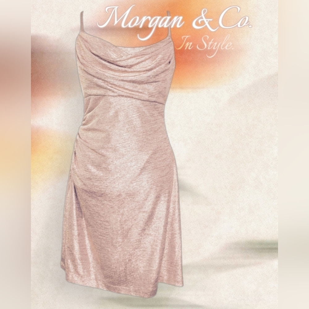 Morgan & Co. Cowl Neck Shimmer Body-Con Dress – Rose Gold – Size 13 – NWT